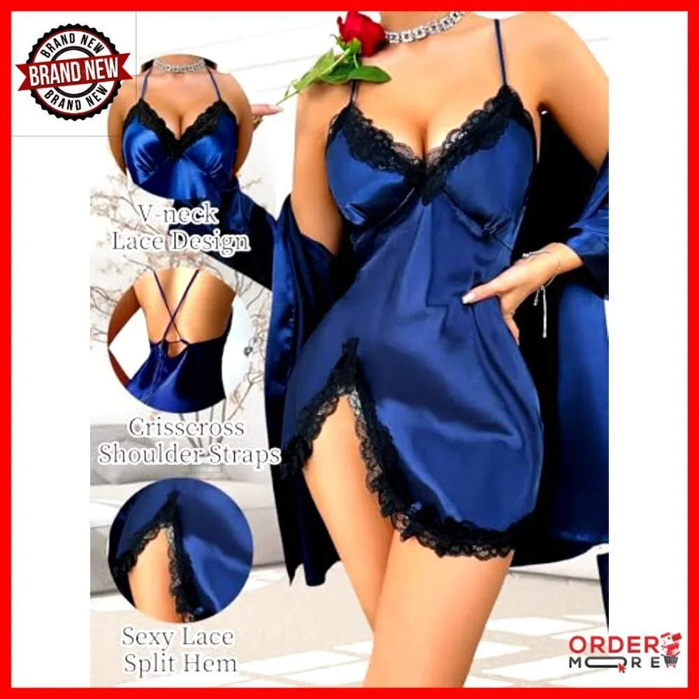 Satin Silk Robe Set Lace Cami Nightgown Kimono Pajamas